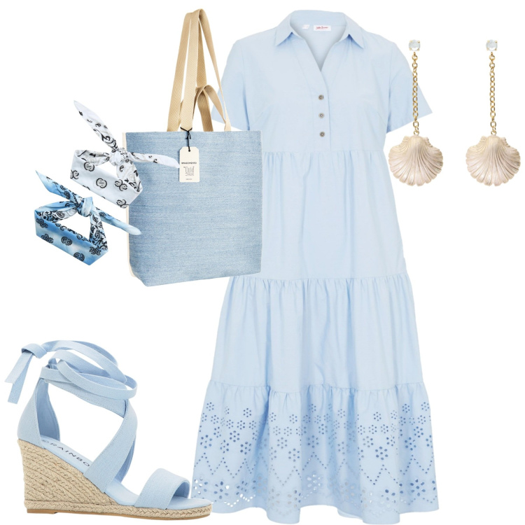 Outfit donna - Romantico celeste. Stile Romantica per Tutti i giorni. Abbinamento con vestiti, sandali, fasce per capelli, borse tote, orecchini.