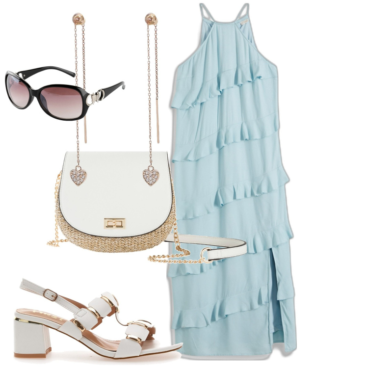 Outfit donna - Il vestito in chiffon. Stile Casual chic per Serata fuori. Abbinamento con borse a tracolla, vestiti lunghi, occhiali da sole, orecchini, sandali col tacco.