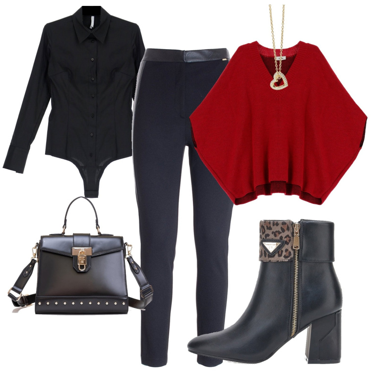 Outfit donna - Dettaglio animalier. Stile Casual chic per Ufficio. Abbinamento con collane, cappotti, pantaloni skinny, borse tote, body, stivaletti.