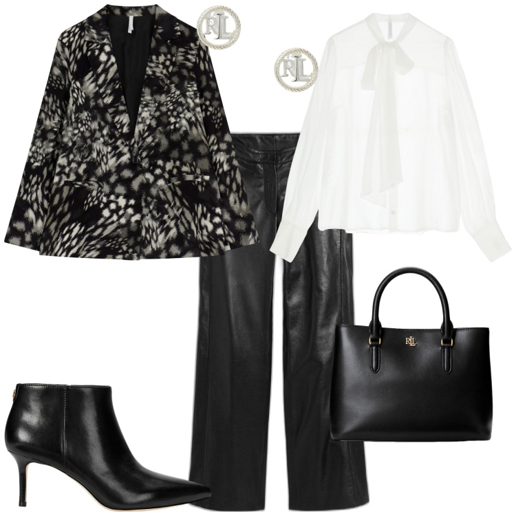 Outfit donna - Total look #1941324. Stile Vintage retrò per Ufficio. Abbinamento con pantaloni, camicie, blazer, orecchini, borse a mano, stivaletti.