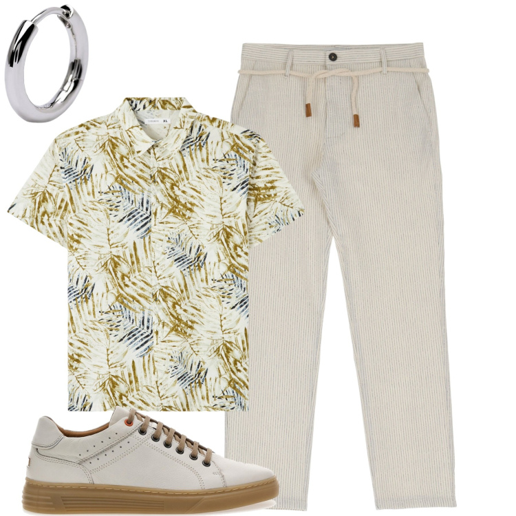 Outfit uomo - Aperitivo. Stile Trendy per Serata speciale. Abbinamento con camicie a manica corta, orecchini, pantaloni, scarpe stringate.