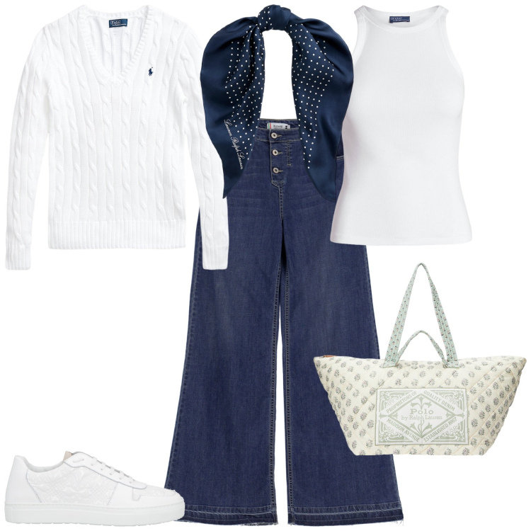 Outfit donna - Total look #1941336. Stile Trendy per Tutti i giorni. Abbinamento con sneakers, jeans, maglieria, canottiere, foulard, borse tote.