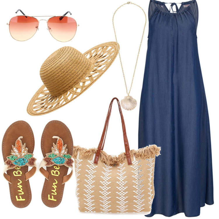 Outfit donna - Must have delle vacanze. Stile Casual chic per Tutti i giorni. Abbinamento con vestiti, cappelli, collane, infradito, borse a spalla, occhiali da sole.