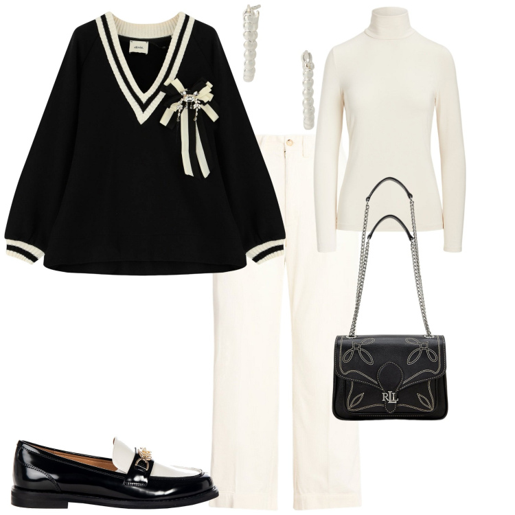 Outfit donna - Total look #1941347. Stile Bon Ton per Tutti i giorni. Abbinamento con mocassini, orecchini, borse a spalla, pantaloni, top, felpe.