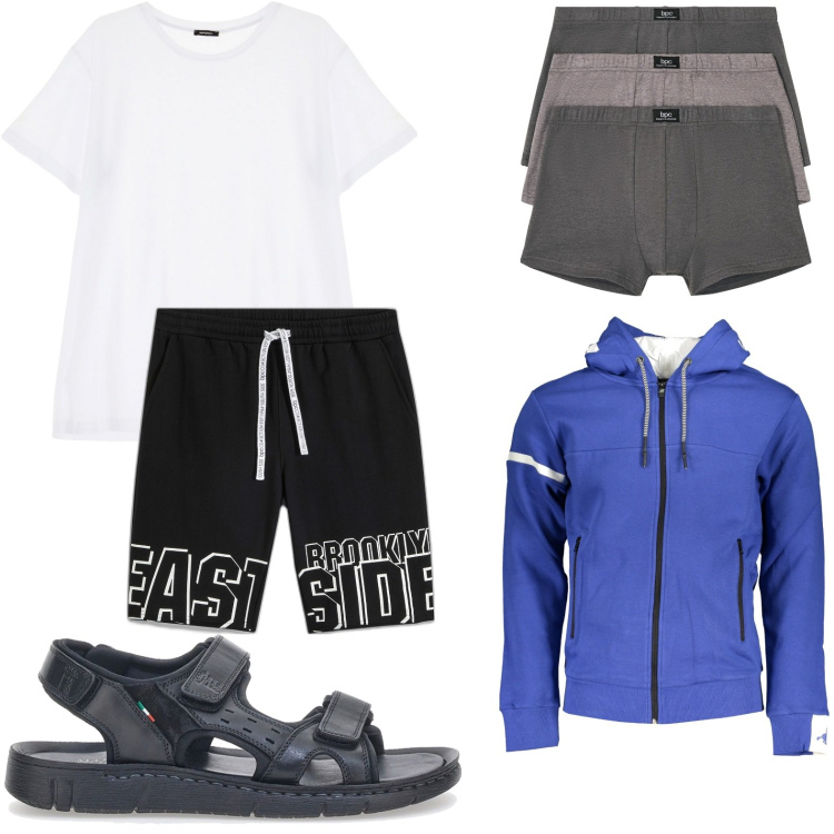 Outfit uomo - La felpa versatile. Stile Casual per Tutti i giorni. Abbinamento con bermuda, boxer, t-shirt, sandali, felpe con cappuccio.