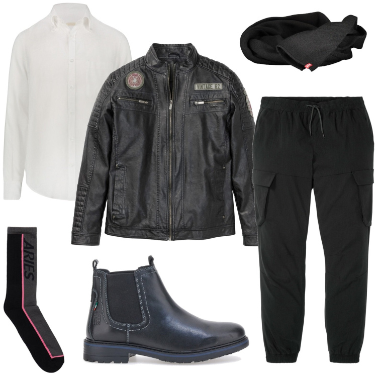 Outfit uomo - Un vero biker. Stile Biker Rock per Tutti i giorni. Abbinamento con pantaloni cargo, giacche, stivali e stivaletti, sciarpe, camicie, calzini.
