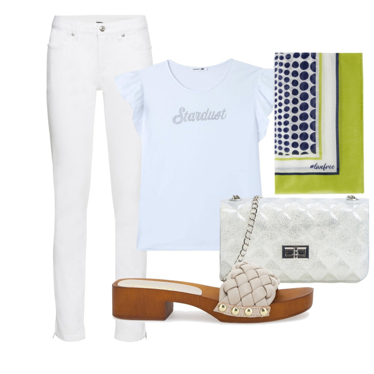 Outfit donna - Total white. Stile Boho per Mare. Abbinamento con jeans skinny, borse a tracolla, t-shirt, zoccoli, foulard.