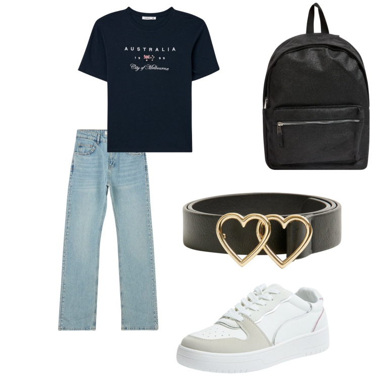 Outfit donna - Total look #1941373. Stile Basic per Scuola/Università. Abbinamento con zaini, sneakers, jeans slim fit, cinture, t-shirt.
