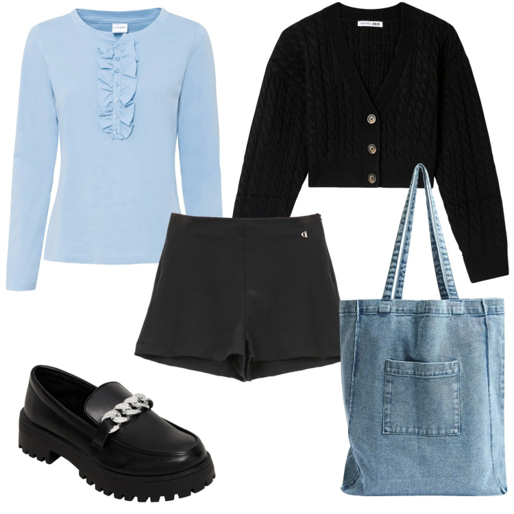 Outfit donna - Mocassini e shorts. Stile Basic per Tutti i giorni. look ideale per Petite. Abbinamento con maglieria, shorts, cardigans, shopping bag, mocassini.