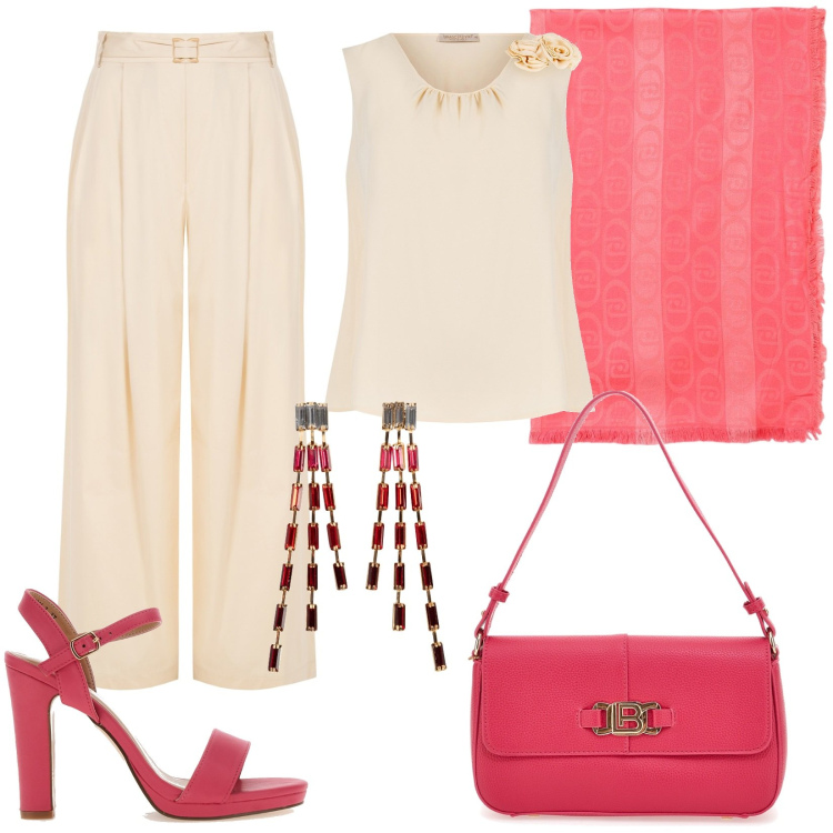 Outfit donna - Curvy al matrimonio. Stile Boho per Cerimonia. Abbinamento con orecchini, pantaloni, bluse, sciarpe, sandali col tacco, borse a spalla.
