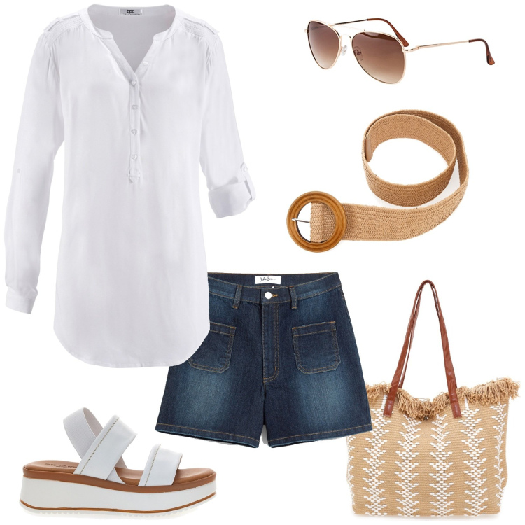 Outfit donna - Curvy in vacanza. Stile Boho per Tutti i giorni. Abbinamento con tuniche, occhiali da sole, shorts, sandali in pelle, borse a spalla, cinture.