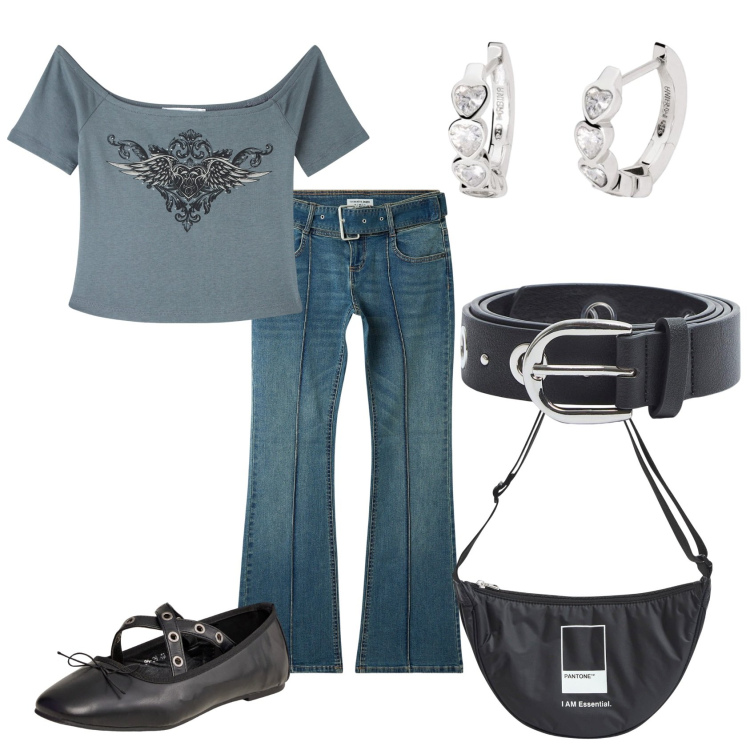 Outfit donna - Total look #1941404. Stile Casual chic per Ufficio. Abbinamento con t-shirt, marsupi, ballerine, jeans a zampa, cinture, orecchini.