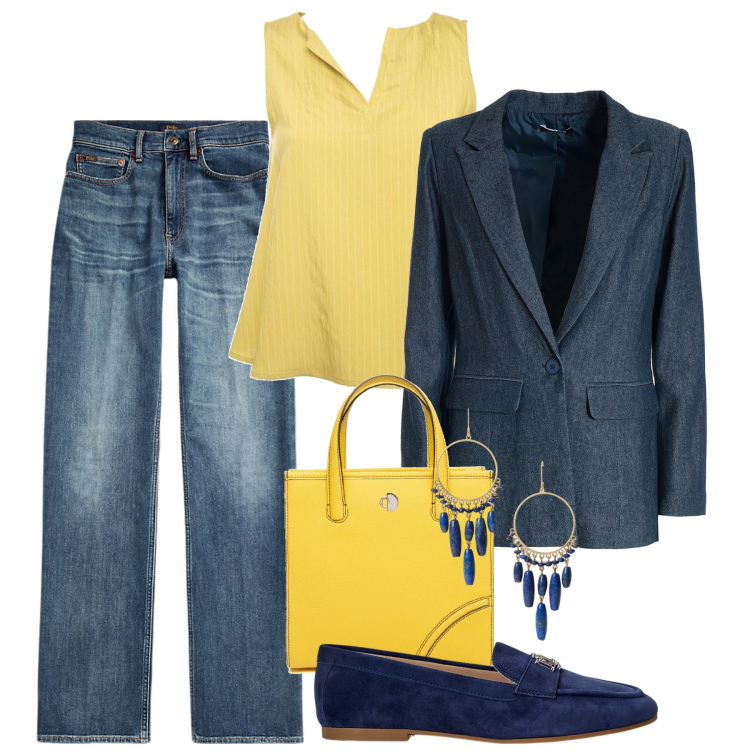Outfit donna - In ufficio in jeans. Stile Mannish per Ufficio. Abbinamento con blazer, mocassini, jeans dritti, orecchini, top, shopping bag.