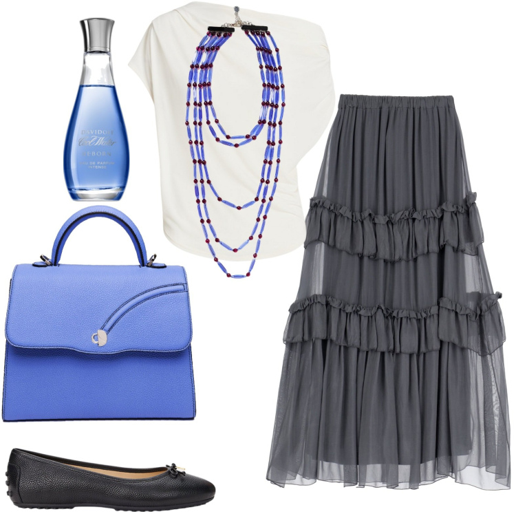 Outfit donna - Gonna lunga con ruches. Stile Casual per Tutti i giorni. look ideale per Petite. Abbinamento con profumi, ballerine, top, gonne lunghe, borse a mano, collane.