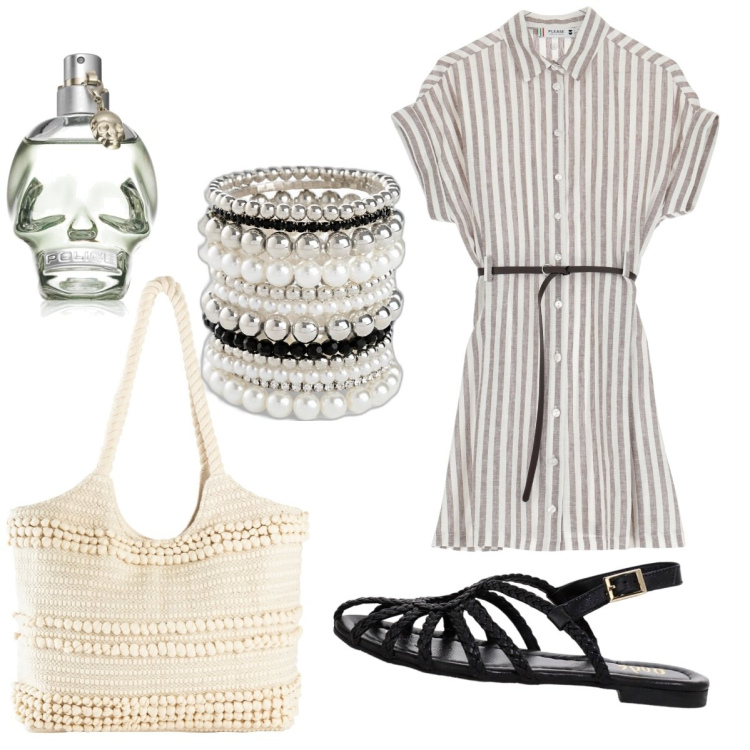 Outfit donna - In Vacanza. Stile Boho per Tutti i giorni. Abbinamento con braccialetti, shopping bag, profumi, vestiti corti, sandali.