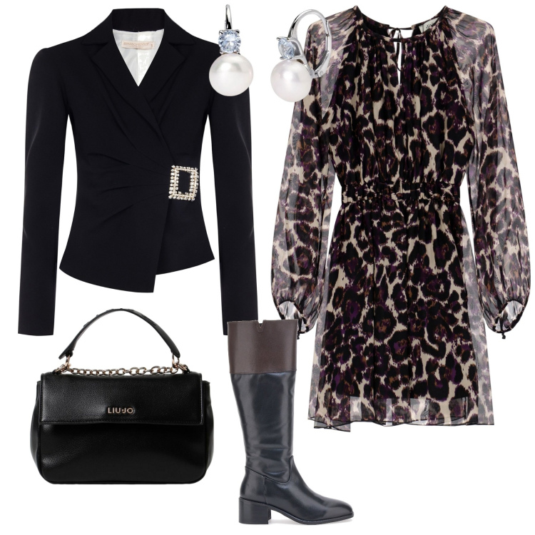 Outfit donna - Total look #1941479. Stile Glamour per Serata fuori. Abbinamento con orecchini, blazer, vestiti corti, stivali, borse a mano.