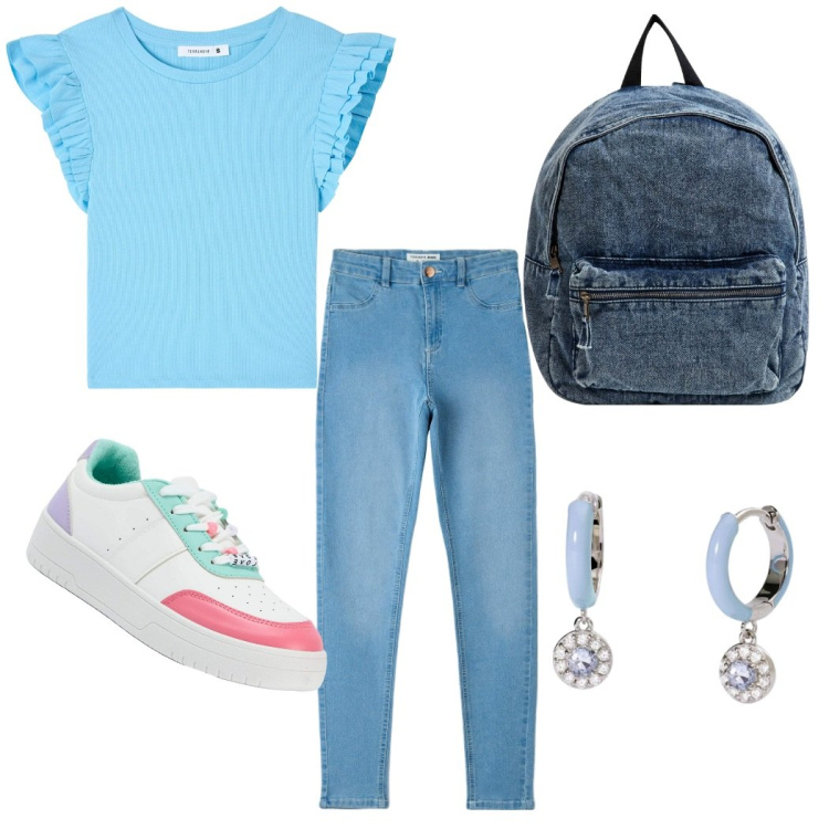 Outfit donna - Si torna a scuola. Stile Basic per Scuola/Università. Abbinamento con t-shirt, sneakers, jeggings, zaini, orecchini.
