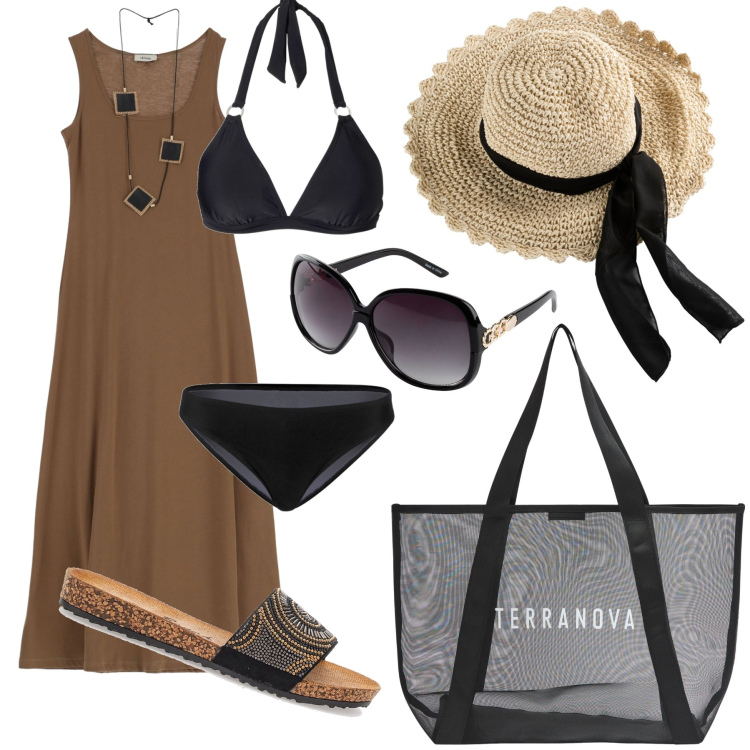Outfit donna - Vestito marrone bikini nero. Stile Basic per Mare. Abbinamento con cappelli, occhiali da sole, bikini, shopping bag, vestiti lunghi, ciabatte.