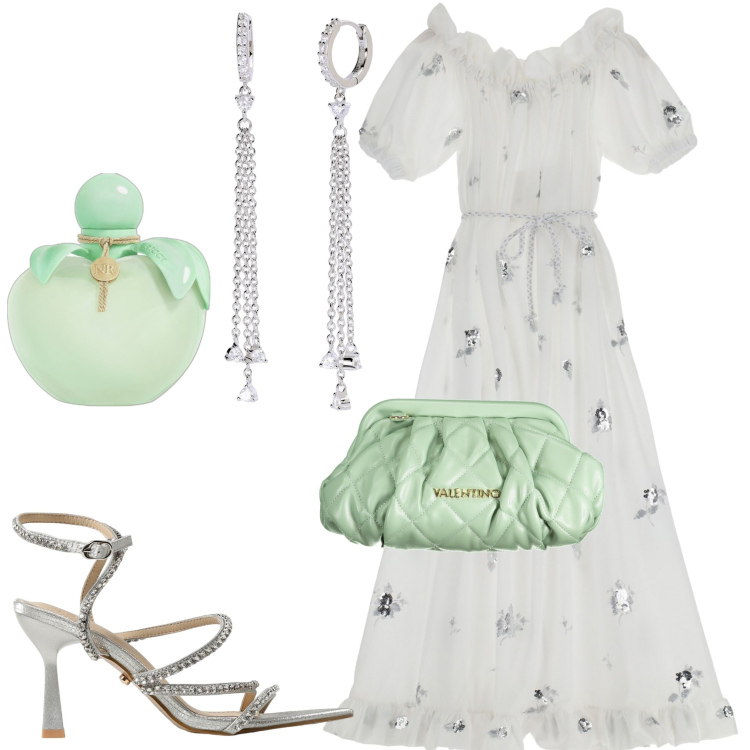 Outfit donna - Boho chic. Stile Boho per Serata fuori. Abbinamento con profumi, orecchini, vestiti lunghi, sandali col tacco, borse a mano.
