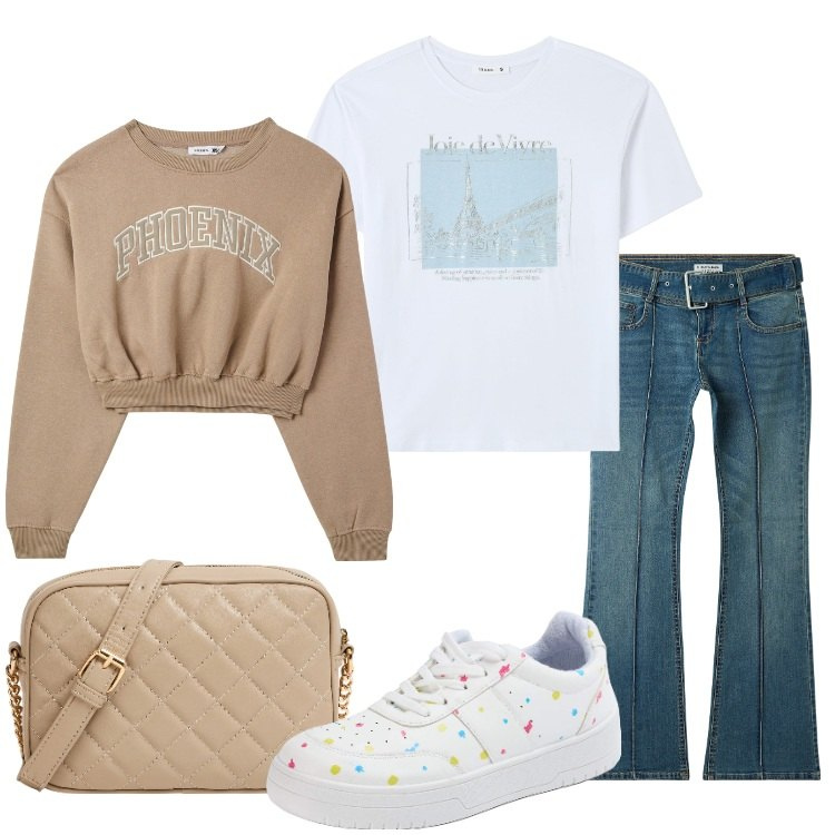 Outfit donna - Terranova Back to school. Stile Casual per Scuola/Università. Abbinamento con jeans a zampa, felpe, sneakers, t-shirt, borse a tracolla.