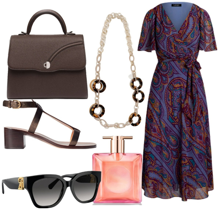 Outfit donna - Al Nuovo Lavoro. Stile Trendy per Ufficio. Abbinamento con profumi, vestiti, sandali col tacco, occhiali da sole, borse a mano, collane.