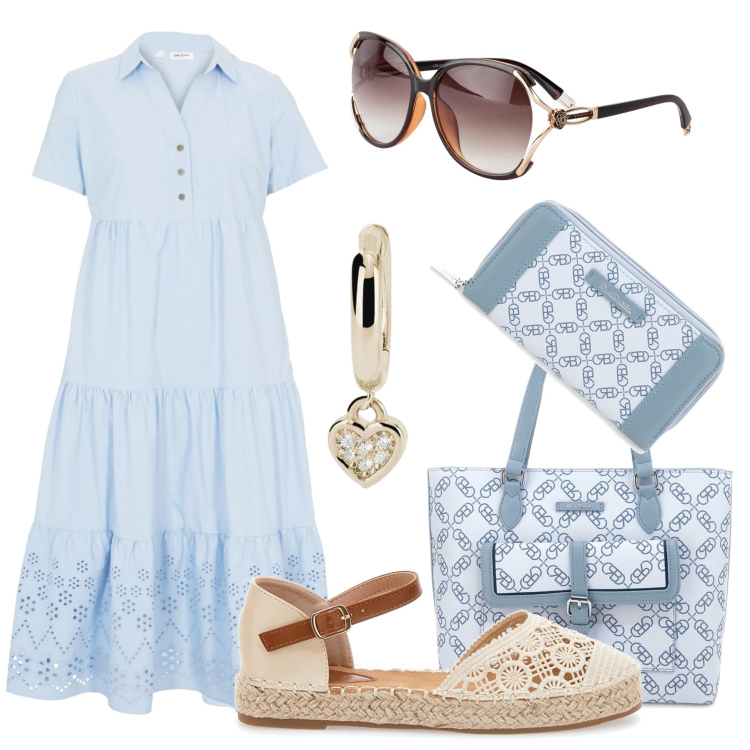Outfit donna - Comoda per le commissioni in città. Stile Trendy per Tutti i giorni. Abbinamento con vestiti, occhiali da sole, orecchini, espadrillas, borse a spalla, portafogli.