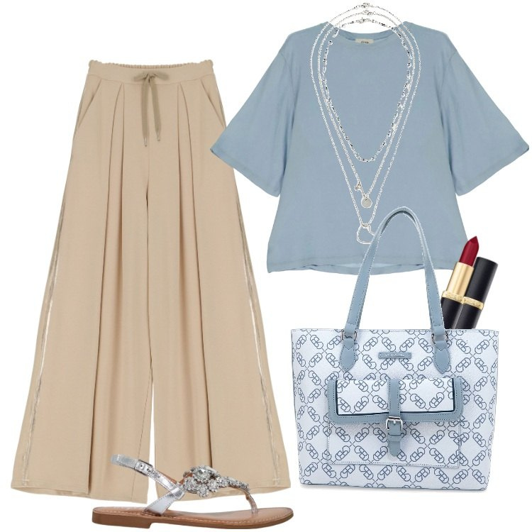 Outfit donna - Total look #1941523. Stile Casual chic per Tutti i giorni. Abbinamento con collane, rossetti, t-shirt, pantaloni a palazzo, sandali, borse a spalla.