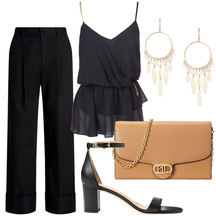 Outfit donna - Total look #1941526. Stile Chic per Serata fuori. Abbinamento con top, sandali in pelle, pantaloni, borse a tracolla, orecchini.