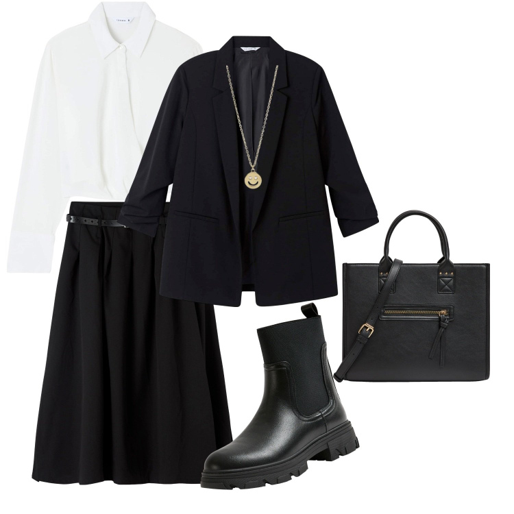 Outfit donna - Ritorno con il sorriso. Stile Casual chic per Ufficio. Abbinamento con shopping bag, gonne lunghe, blazer, bluse, stivaletti chelsea, collane.