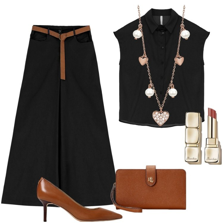 Outfit donna - Total look #1941532. Stile Casual chic per Serata fuori. Abbinamento con rossetti, camicie a manica corta, pantaloni a palazzo, collane, pochette, décolleté.