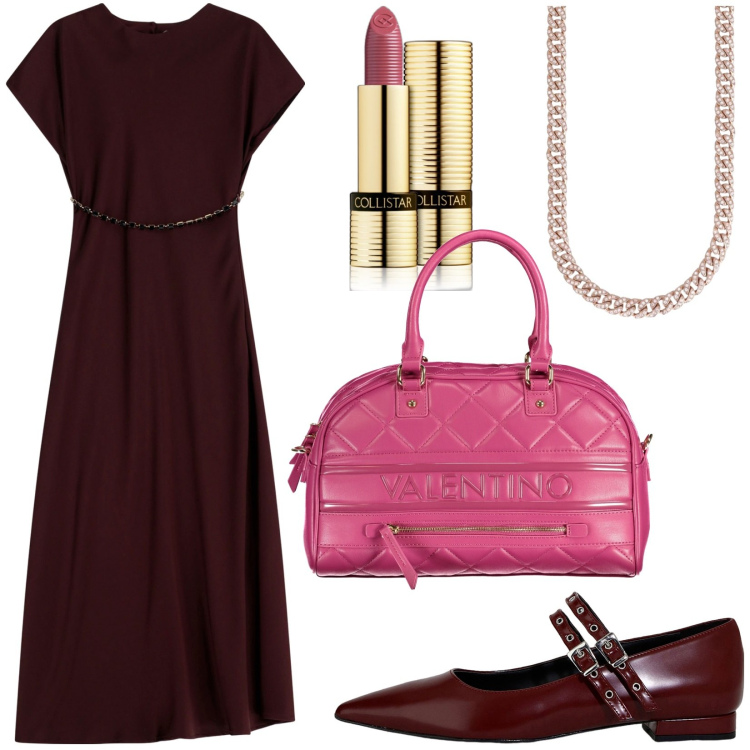 Outfit donna - Abito rosso borgogna. Stile Chic per Ufficio. Abbinamento con rossetti, collane, vestiti lunghi, ballerine, collane.