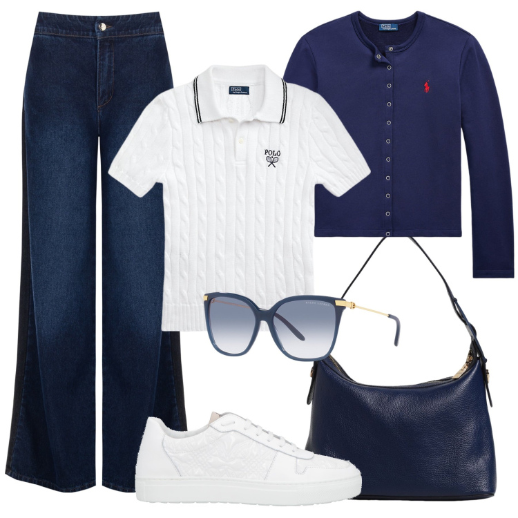 Outfit donna - Rientro all’università. Stile Casual chic per Scuola/Università. Abbinamento con sneakers, jeans, cardigans, occhiali da sole, polo, borse a spalla.