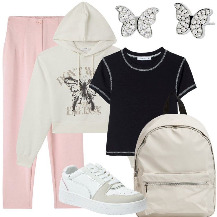 Outfit donna - Back To school 2. Stile Casual per Scuola/Università. Abbinamento con pantaloni chino, t-shirt, zaini, felpe con cappuccio, sneakers, orecchini.