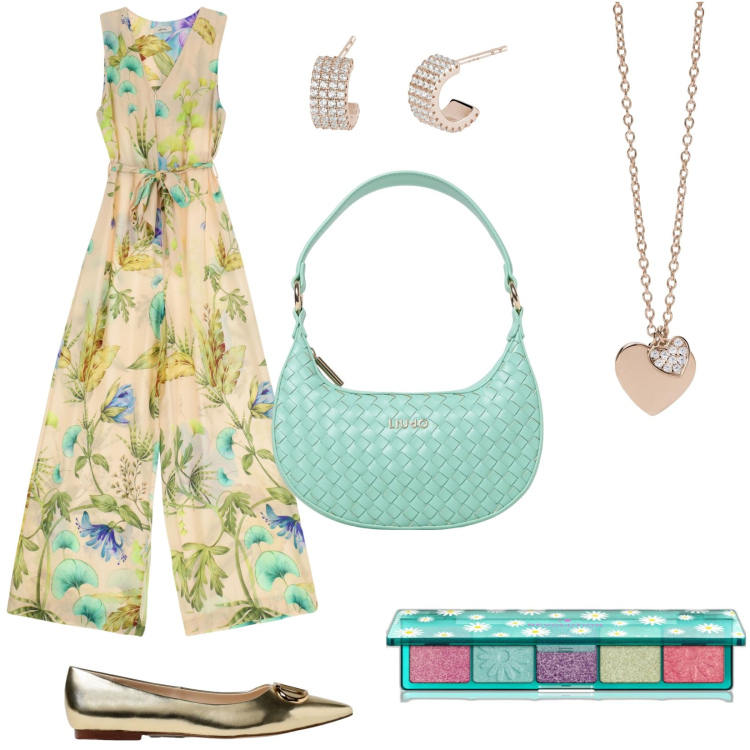 Outfit donna - Fiori sulla tuta. Stile Boho per Tutti i giorni. Abbinamento con ombretti, orecchini, ciondoli, tute, borse a spalla, ballerine.
