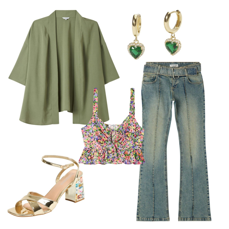 Outfit donna - Quotidianità. Stile Casual per Tutti i giorni. Abbinamento con jeans a zampa, kimono, top, sandali gioiello, orecchini.