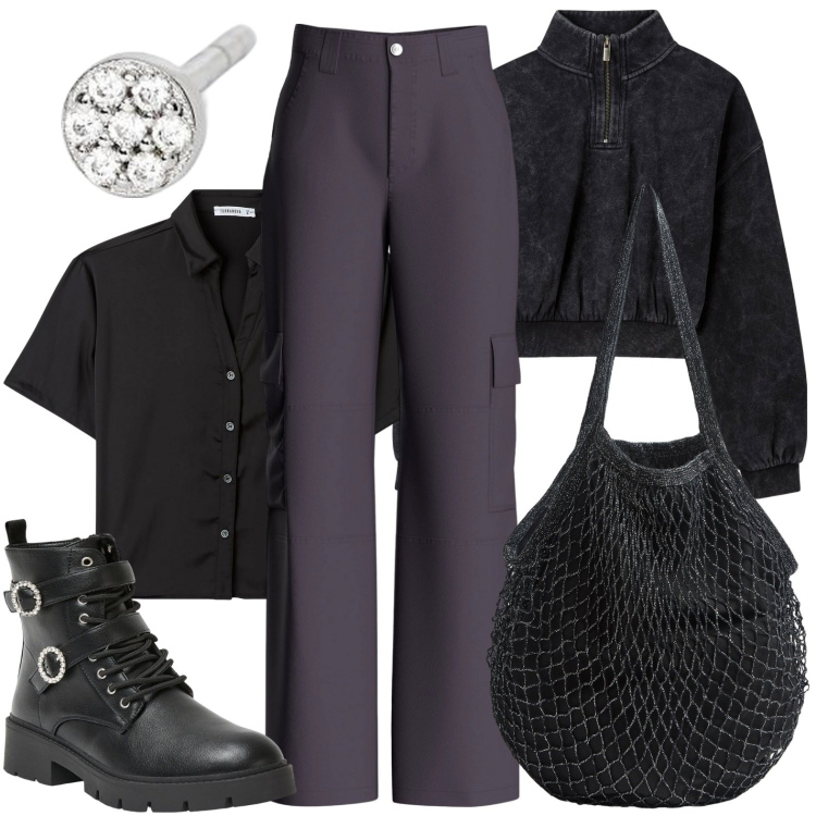 Outfit donna - Back To work. Stile Casual per Tutti i giorni. Abbinamento con anfibi, pantaloni cargo, borse a tracolla, felpe, camicie a manica corta, orecchini.