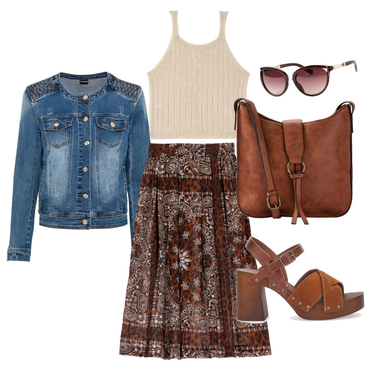 Outfit donna - Elementi naturali. Stile Boho per Tutti i giorni. Abbinamento con borse a tracolla, occhiali da sole, blazer, top, gonne lunghe, zoccoli.