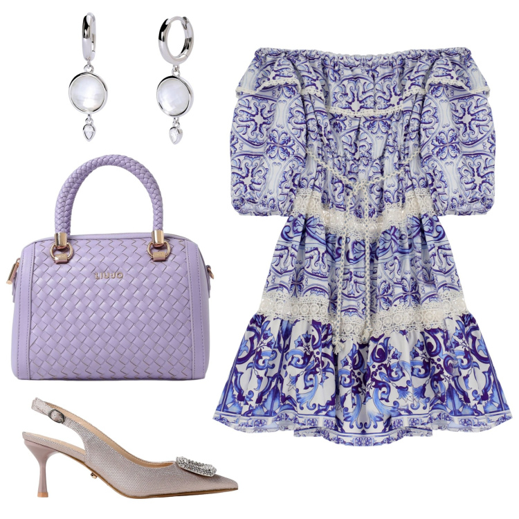 Outfit donna - Lavanda. Stile Bon Ton per Serata fuori. Abbinamento con orecchini, vestiti corti, scarpe col tacco, borse a mano.