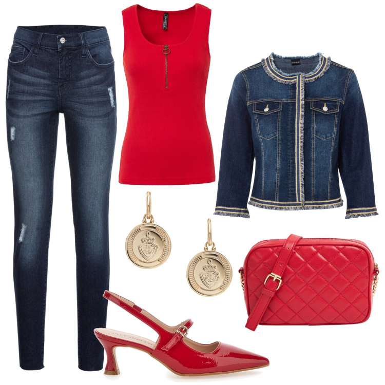 Outfit donna - Skynny con le décolleté, denim e rosso !. Stile Casual chic per Serata fuori. Abbinamento con top, blazer, jeans strappati, borse a tracolla, orecchini, décolleté.