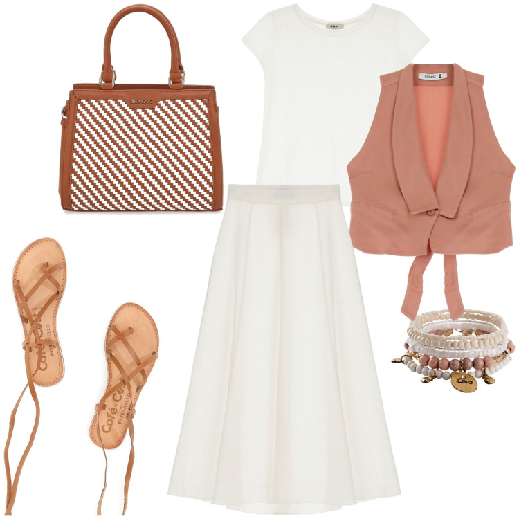 Outfit donna - Total look #1941582. Stile Casual per Tutti i giorni. Abbinamento con braccialetti, gilet, gonne lunghe, t-shirt, borse a mano, sandali alla schiava.