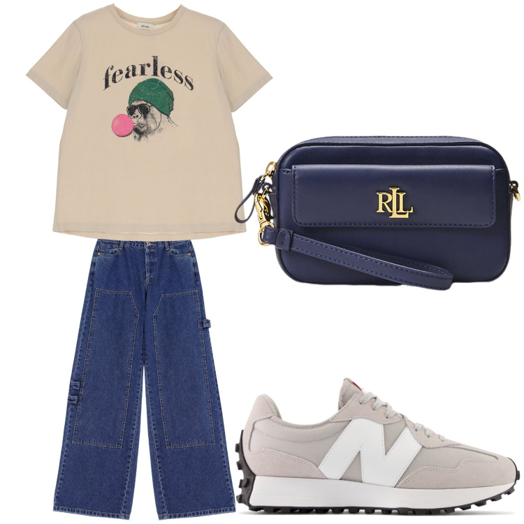 Outfit donna - Aperitivo. Stile Trendy per Tutti i giorni. Abbinamento con sneakers, jeans, t-shirt, pochette.