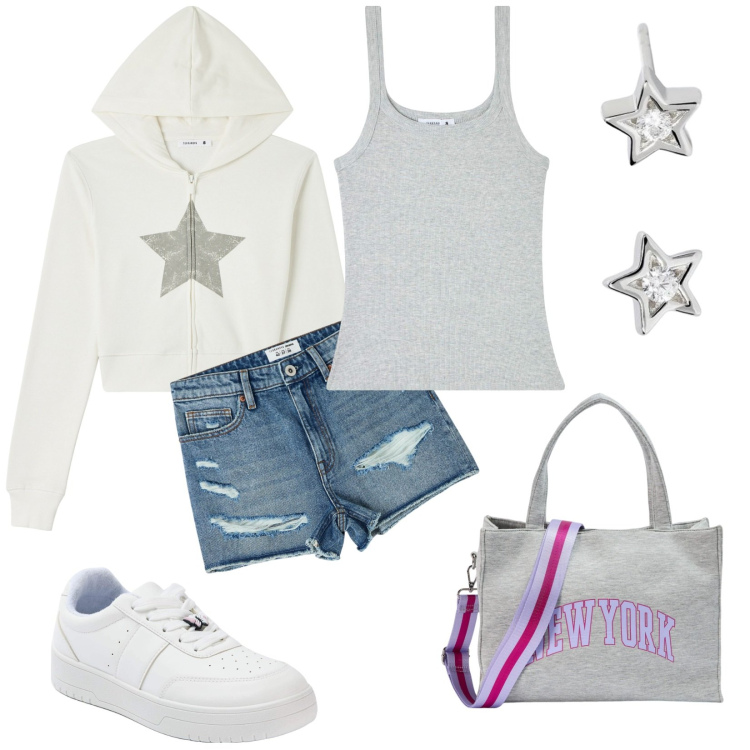 Outfit donna - Total look #1941595. Abbinamento con shorts, shopping bag, felpe con cappuccio, canottiere, sneakers, orecchini.