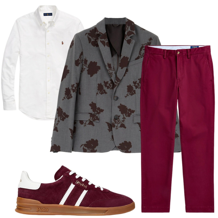 Outfit uomo - Giacca a fiori. Stile Casual per Tutti i giorni. Abbinamento con giacche, camicie, pantaloni chino, sneakers.