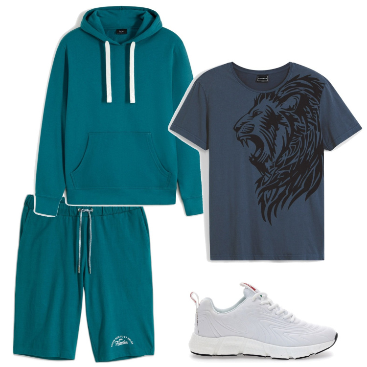 Outfit uomo - Ordinary day. Stile Casual per Tutti i giorni. Abbinamento con felpe con cappuccio, t-shirt, bermuda, sneakers.