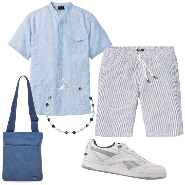 Outfit uomo - Pantaloni a righe. Stile Trendy per Tutti i giorni. Abbinamento con camicie a manica corta, bermuda, braccialetti, sneakers, portafogli.