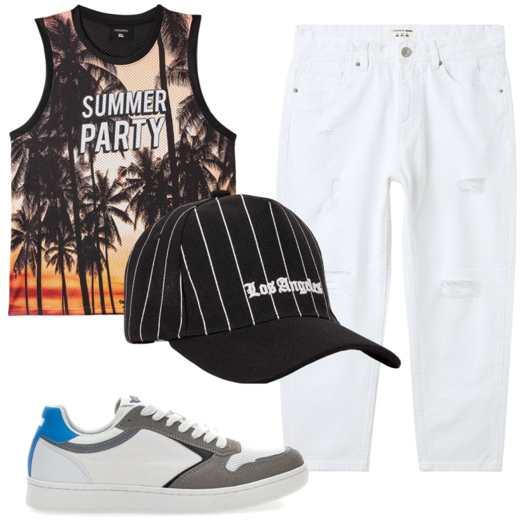 Outfit uomo - Total look #1941690. Stile Trendy per Tutti i giorni. Abbinamento con cappelli, canottiere, jeans strappati, sneakers.