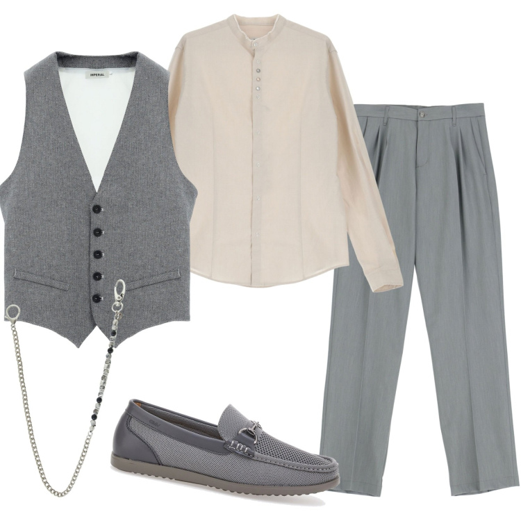 Outfit uomo - L\'invitato perfetto. Stile Business/Elegante per Cerimonia. Abbinamento con gilet, pantaloni, camicie, collane, scarpe stringate.