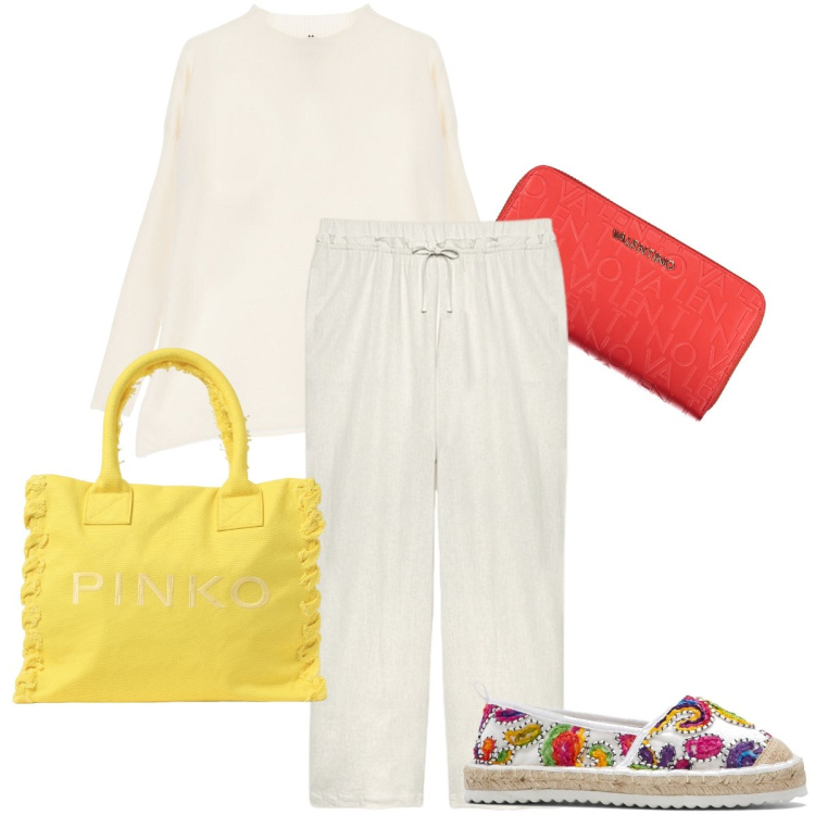 Outfit donna - Accessori colorati. Stile Basic per Tutti i giorni. Abbinamento con espadrillas, maglieria, borse tote, pantaloni, portafogli.