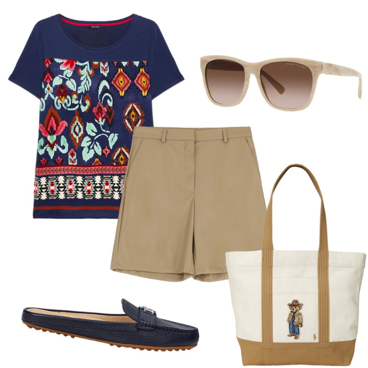 Outfit donna - Gli shorts eleganti. Stile Etnico per Mare. Abbinamento con shorts, occhiali da sole, sabot, borse tote, t-shirt.