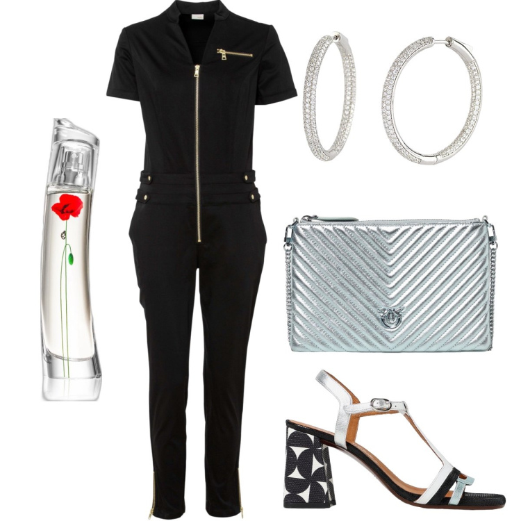 Outfit donna - La tuta con la zip. Stile Rock per Serata fuori. Abbinamento con tute, profumi, orecchini, sandali col tacco, borse a mano.